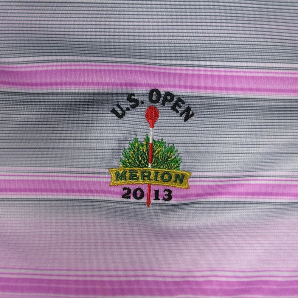 Adidas Polo Shirt Mens Medium Purple Striped US Open Merion 2013 Climacool Logo